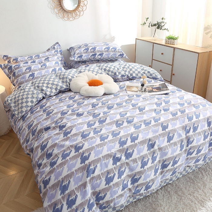 91家纺网 家纺一手货源 找家纺 晶缦 2022新款全棉12868全棉印花套件萌新系列单床单-四件套 千鸟格蓝