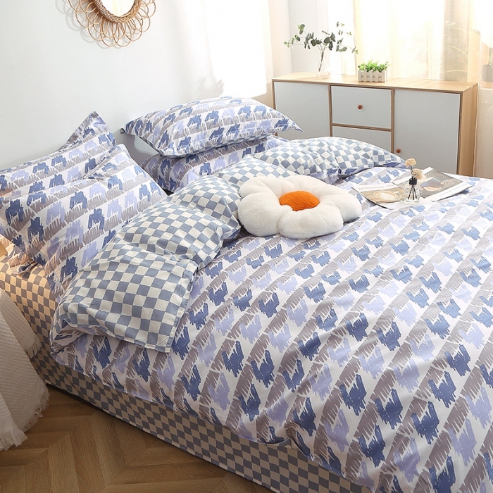 91家纺网 家纺一手货源 找家纺 晶缦 2022新款全棉12868全棉印花套件萌新系列单床单-四件套 千鸟格蓝