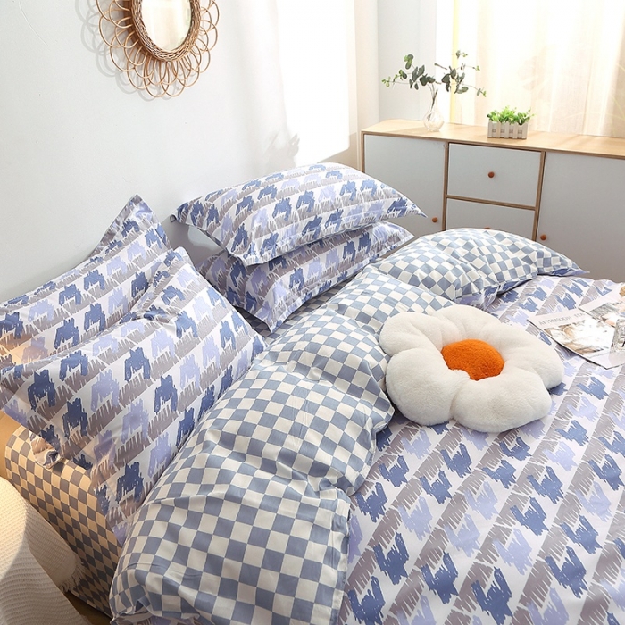 91家纺网 家纺一手货源 找家纺 晶缦 2022新款全棉12868全棉印花套件萌新系列单床单-四件套 千鸟格蓝