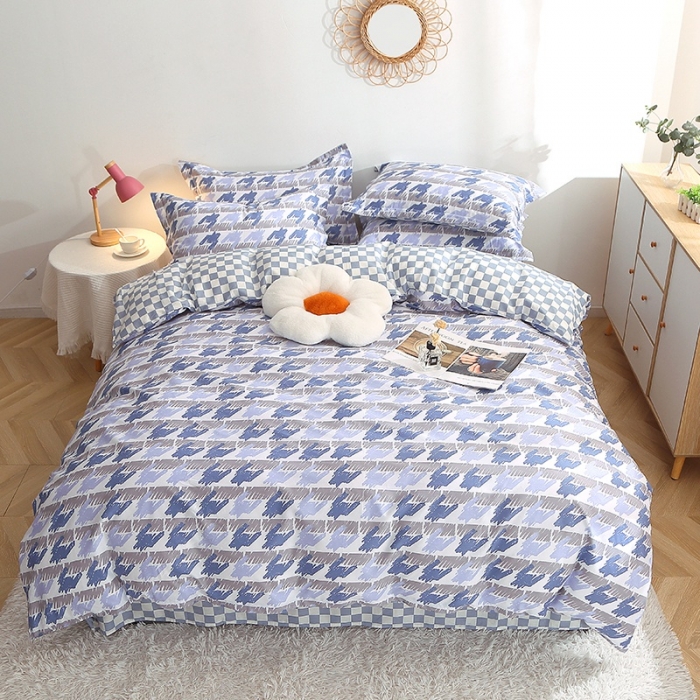 91家纺网 家纺一手货源 找家纺 晶缦 2022新款全棉12868全棉印花套件萌新系列单床单-四件套 千鸟格蓝