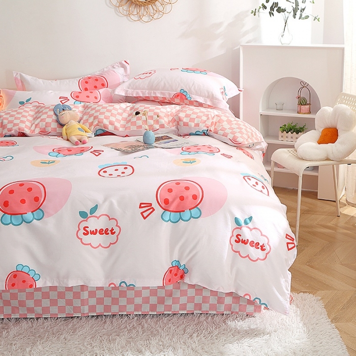 91家纺网 家纺一手货源 找家纺 晶缦 2022新款全棉12868全棉印花套件萌新系列单床单-四件套 元气草莓