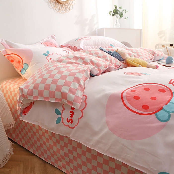 91家纺网 家纺一手货源 找家纺 晶缦 2022新款全棉12868全棉印花套件萌新系列单床单-四件套 元气草莓