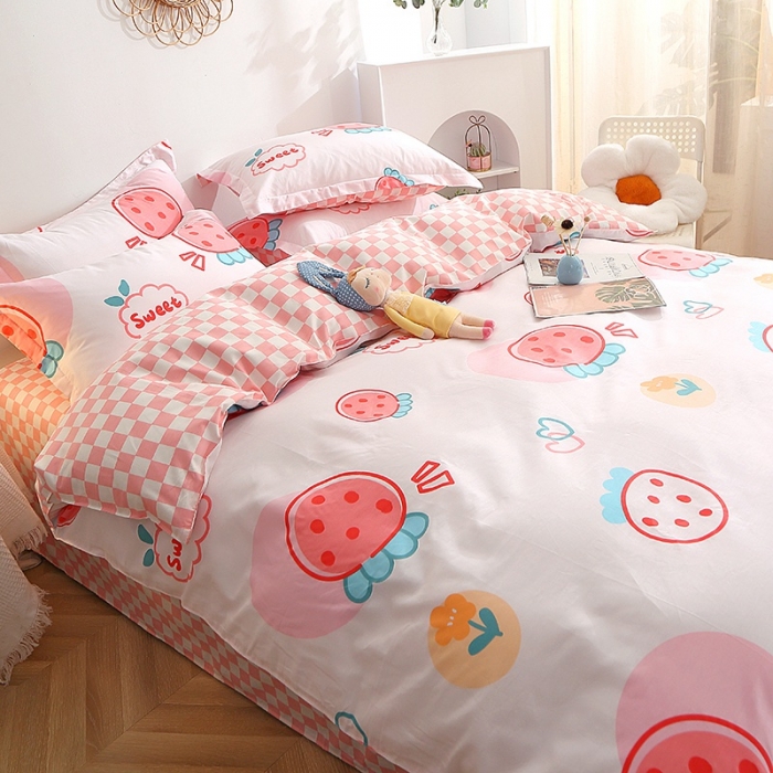 91家纺网 家纺一手货源 找家纺 晶缦 2022新款全棉12868全棉印花套件萌新系列单床单-四件套 元气草莓