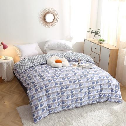 91家纺网 家纺一手货源 找家纺 晶缦 2022新款全棉12868全棉印花套件萌新系列单床单-单被套 千鸟格蓝