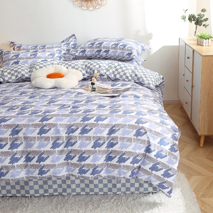 91家纺网 家纺一手货源 找家纺 晶缦 2022新款全棉12868全棉印花套件萌新系列单床单-单被套 千鸟格蓝