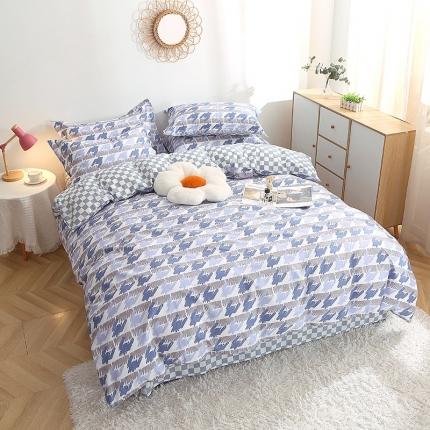 晶缦 2022新款全棉12868全棉印花套件萌新系列单床单-单被套 千鸟格蓝