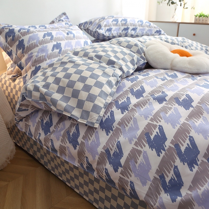 91家纺网 家纺一手货源 找家纺 晶缦 2022新款全棉12868全棉印花套件萌新系列单床单-单被套 千鸟格蓝
