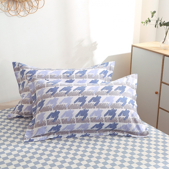 91家纺网 家纺一手货源 找家纺 晶缦 2022新款全棉12868全棉印花套件萌新系列单床单-单枕套 千鸟格蓝一对