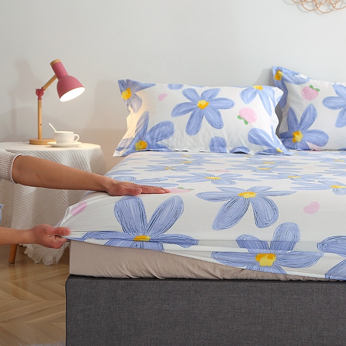 91家纺网 家纺一手货源 找家纺 晶缦2022全棉12868全棉印花套件萌新系列-单床笠蓝恋花