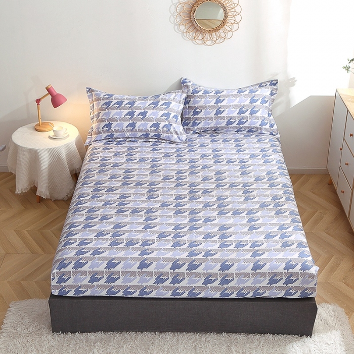 91家纺网 家纺一手货源 找家纺 晶缦 2022新款全棉12868全棉印花套件萌新系列单床单-单床笠 千鸟格蓝