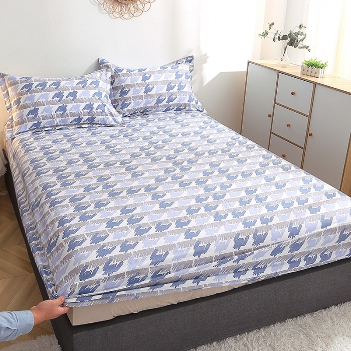 91家纺网 家纺一手货源 找家纺 晶缦 2022新款全棉12868全棉印花套件萌新系列单床单-单床笠 千鸟格蓝