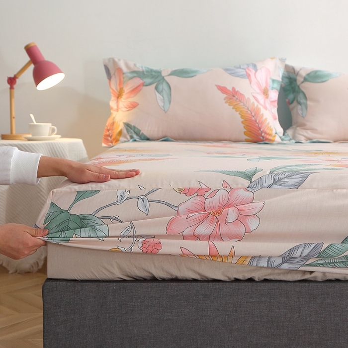 91家纺网 家纺一手货源 找家纺 晶缦 2022新款全棉12868全棉印花套件萌新系列单床单-单床笠 莎莉杏色