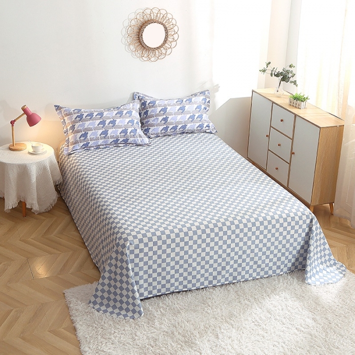 91家纺网 家纺一手货源 找家纺 晶缦 2022新款全棉12868全棉印花套件萌新系列单床单千鸟格蓝