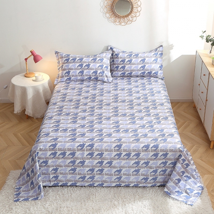 91家纺网 家纺一手货源 找家纺 晶缦 2022新款全棉12868全棉印花套件萌新系列单床单千鸟格蓝