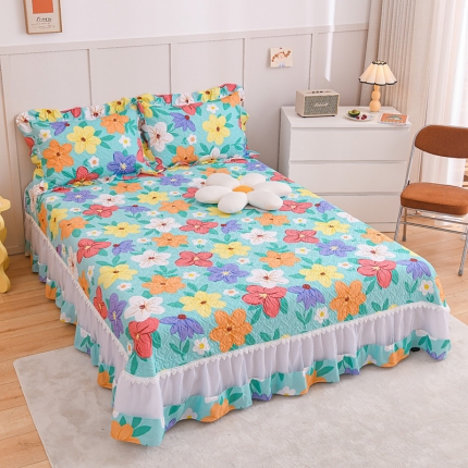 91家纺网 家纺一手货源 找家纺 仙女风欧根纱全棉床盖四件套 蕾丝花边夹棉纯棉床单三件套 套件