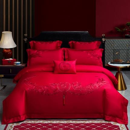 91家纺网 家纺一手货源 找家纺 高大尚2022新款40s全工艺喷气全棉婚庆多件套龙凤喜开颜红