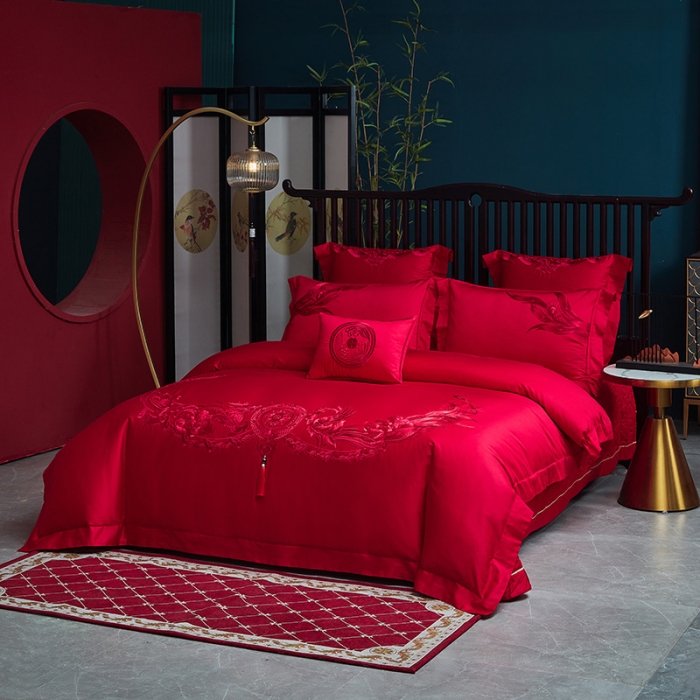 91家纺网 家纺一手货源 找家纺 高大尚2022新款40s全工艺喷气全棉婚庆多件套龙凤喜开颜红