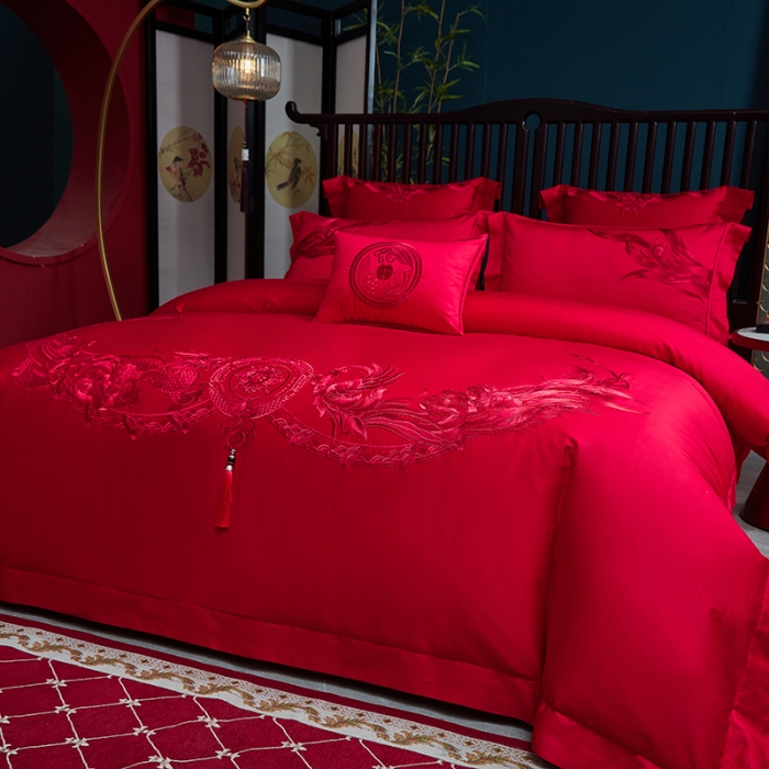 91家纺网 家纺一手货源 找家纺 高大尚2022新款40s全工艺喷气全棉婚庆多件套龙凤喜开颜红