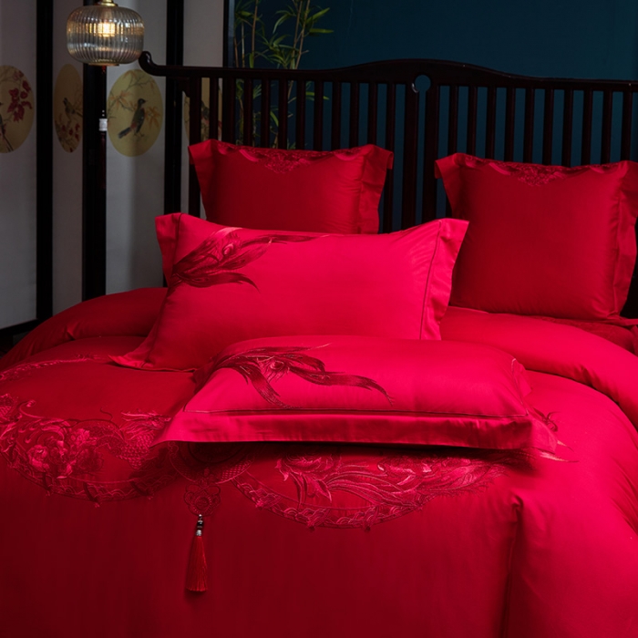 91家纺网 家纺一手货源 找家纺 高大尚2022新款40s全工艺喷气全棉婚庆多件套龙凤喜开颜红