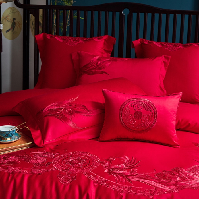 91家纺网 家纺一手货源 找家纺 高大尚2022新款40s全工艺喷气全棉婚庆多件套龙凤喜开颜红