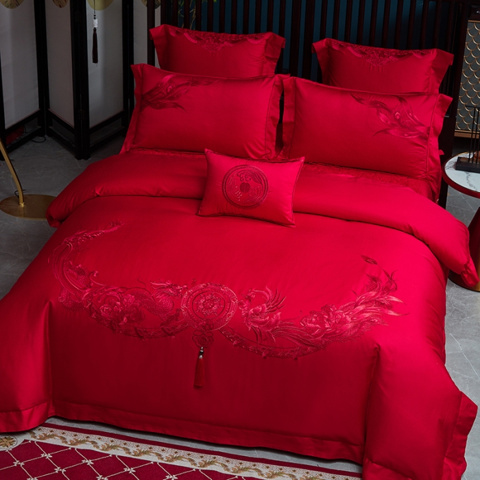 91家纺网 家纺一手货源 找家纺 高大尚2022新款40s全工艺喷气全棉婚庆多件套龙凤喜开颜红