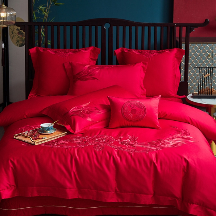 91家纺网 家纺一手货源 找家纺 高大尚2022新款40s全工艺喷气全棉婚庆多件套龙凤喜开颜红