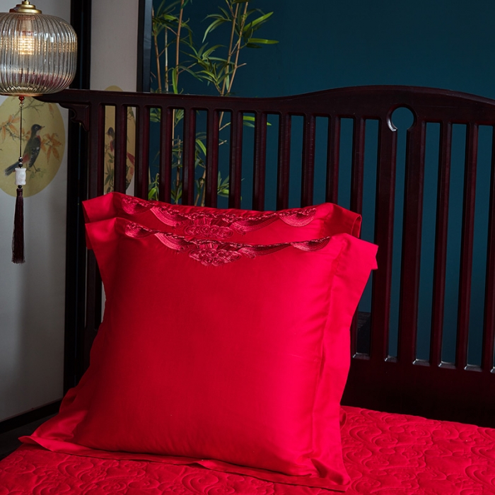 91家纺网 家纺一手货源 找家纺 高大尚2022新款40s全工艺喷气全棉婚庆多件套龙凤喜开颜红