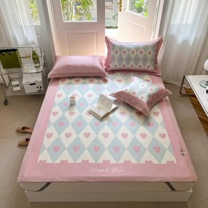 本希 2022高端数码印花水洗冰丝床席款-法式简约 粉格爱心