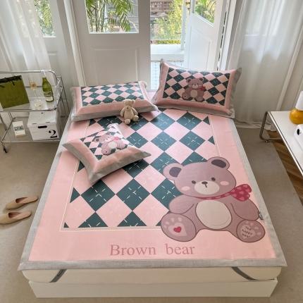 本希 2022高端数码印花水洗冰丝床席款-法式简约 粉格小熊