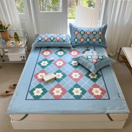 本希 2022高端数码印花水洗冰丝床席款-法式简约 蓝格笑脸