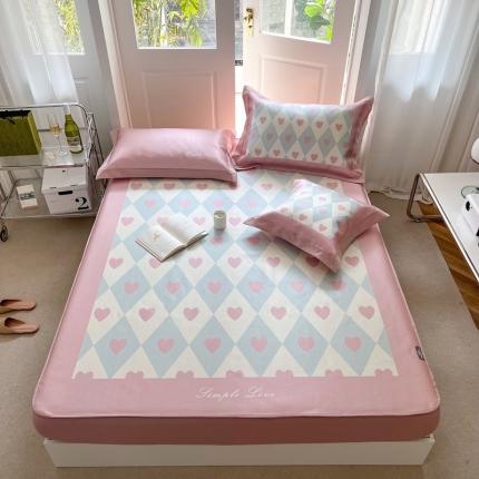 91家纺网 家纺一手货源 找家纺 本希 2022高端数码印花水洗冰丝席床笠款-法式简约系列 粉格爱心