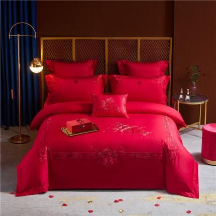 91家纺网 家纺一手货源 找家纺 高大尚 2022新款60s长绒棉时尚婚庆套件-玫瑰之约红