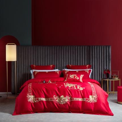 91家纺网 家纺一手货源 找家纺 高大尚 2022新款60s长绒棉时尚婚庆套件-玫瑰之约金