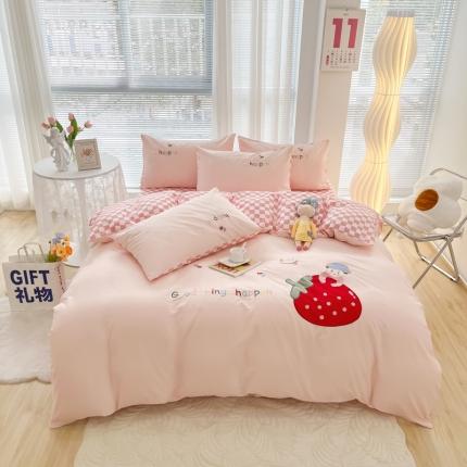 91家纺网 家纺一手货源 找家纺 沐辰 2022新款全棉40支绣花草莓女孩系列四件套 草莓女孩-浅粉