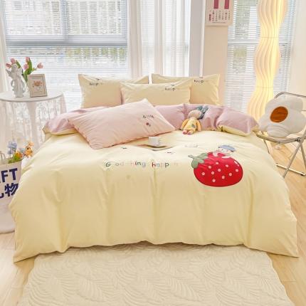 沐辰 2022新款全棉40支绣花草莓女孩系列四件套 草莓女孩-米白