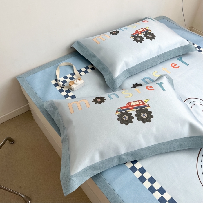 91家纺网 家纺一手货源 找家纺 本希 2022新款水洗数码印花卡通简约冰丝席床席款 工程赛车