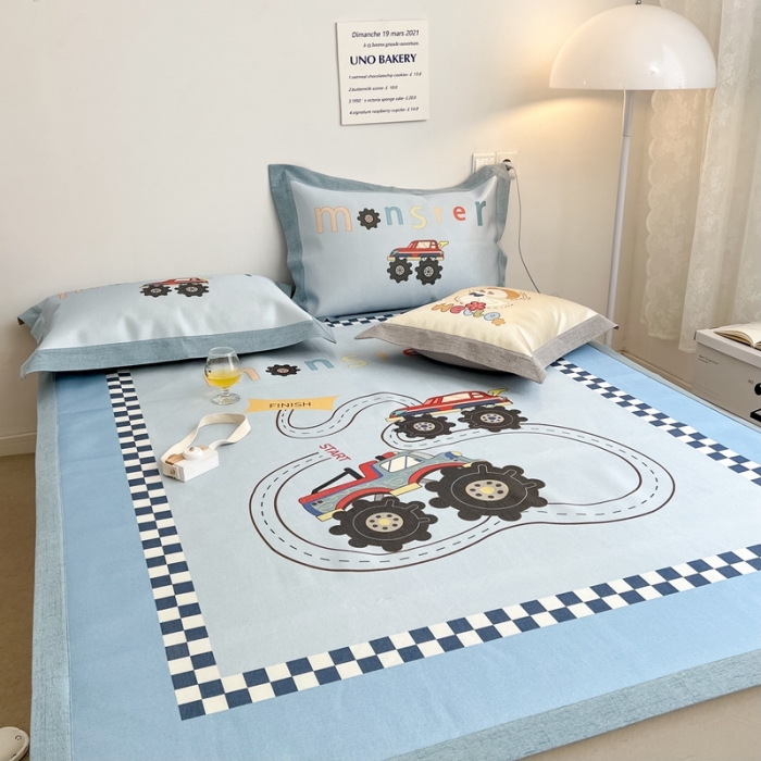 91家纺网 家纺一手货源 找家纺 本希 2022新款水洗数码印花卡通简约冰丝席床席款 工程赛车