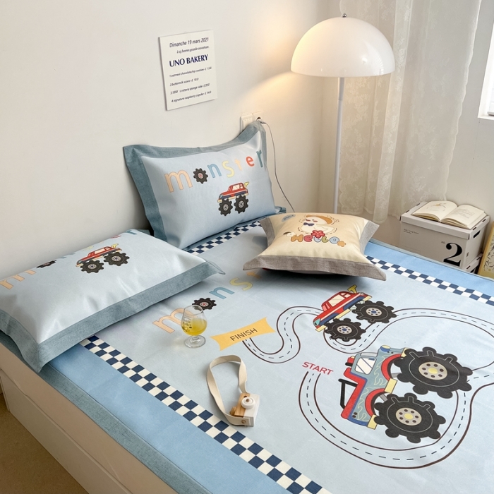 91家纺网 家纺一手货源 找家纺 本希 2022新款水洗数码印花卡通简约冰丝席床席款 工程赛车