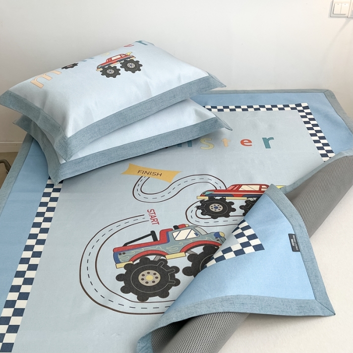 91家纺网 家纺一手货源 找家纺 本希 2022新款水洗数码印花卡通简约冰丝席床席款 工程赛车