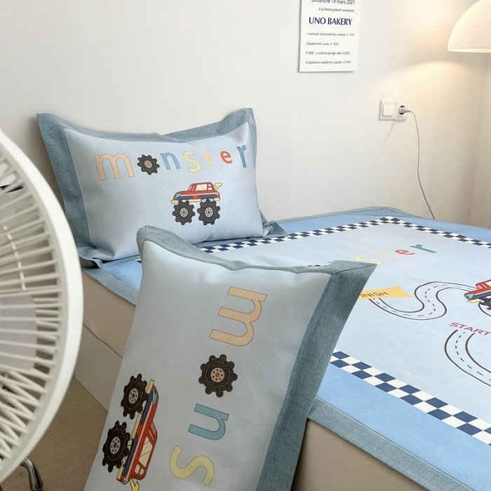 91家纺网 家纺一手货源 找家纺 本希 2022新款水洗数码印花卡通简约冰丝席床席款 工程赛车