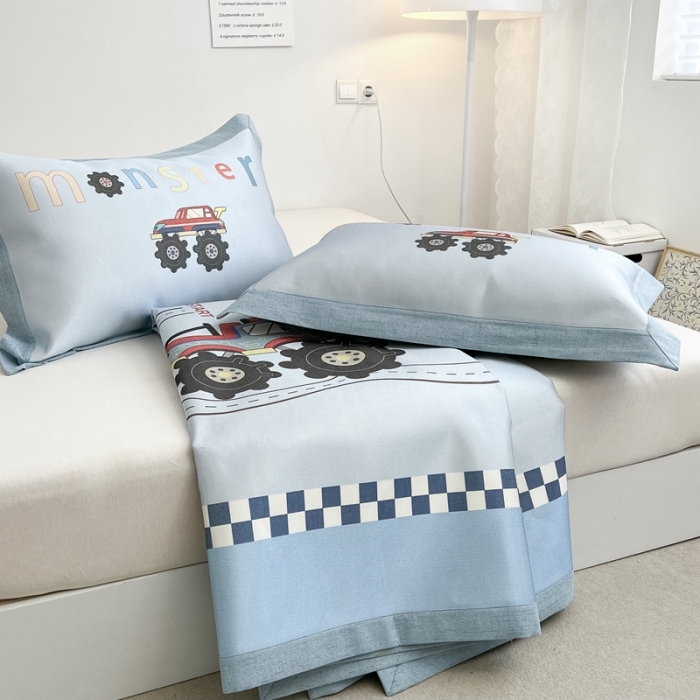 91家纺网 家纺一手货源 找家纺 本希 2022新款水洗数码印花卡通简约冰丝席床席款 工程赛车