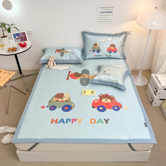 91家纺网 家纺一手货源 找家纺 本希 2022新款水洗数码印花卡通简约冰丝席床席款 快乐小熊