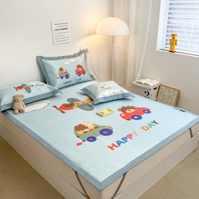 91家纺网 家纺一手货源 找家纺 本希 2022新款水洗数码印花卡通简约冰丝席床席款 快乐小熊