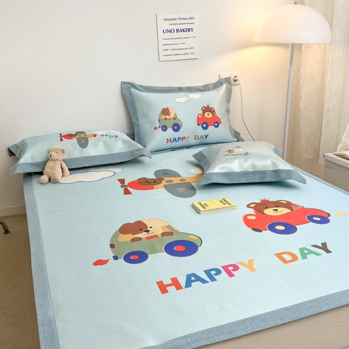 91家纺网 家纺一手货源 找家纺 本希 2022新款水洗数码印花卡通简约冰丝席床席款 快乐小熊