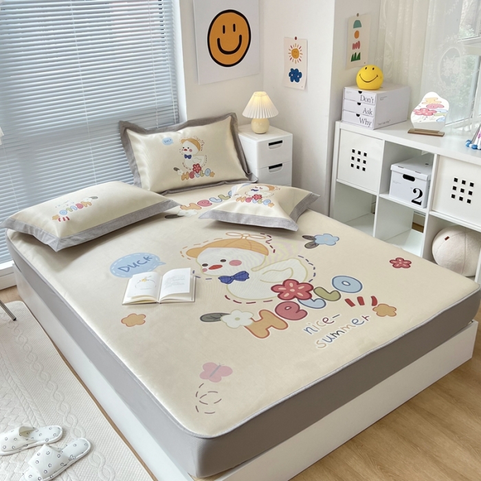 91家纺网 家纺一手货源 找家纺 本希 2022新款水洗数码印花卡通简约冰丝席床笠款 小黄鸭