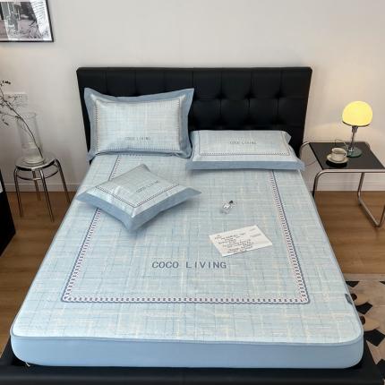 91家纺网 家纺一手货源 找家纺 本希 2022新款数码印花水洗冰丝席床笠款-小香风轻奢 天空蓝