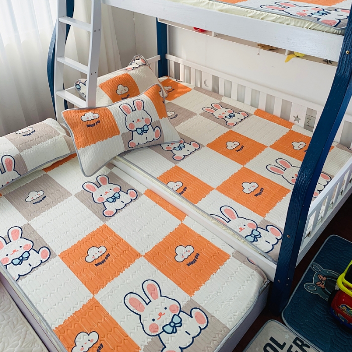 91家纺网 家纺一手货源 找家纺 小虾米 2022新款可定制凉感丝0.4乳胶凉席床笠三件套 方块兔