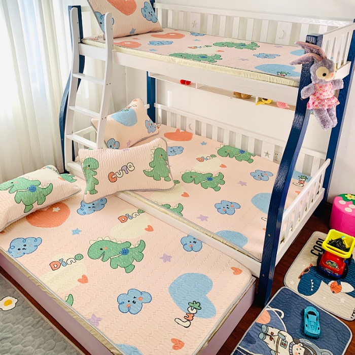 91家纺网 家纺一手货源 找家纺 小虾米 2022新款可定制凉感丝0.4乳胶凉席床笠三件套 小恐龙粉