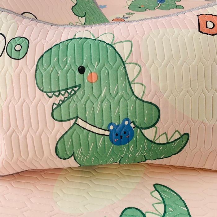 91家纺网 家纺一手货源 找家纺 小虾米 2022新款可定制凉感丝0.4乳胶凉席床笠三件套 小恐龙粉