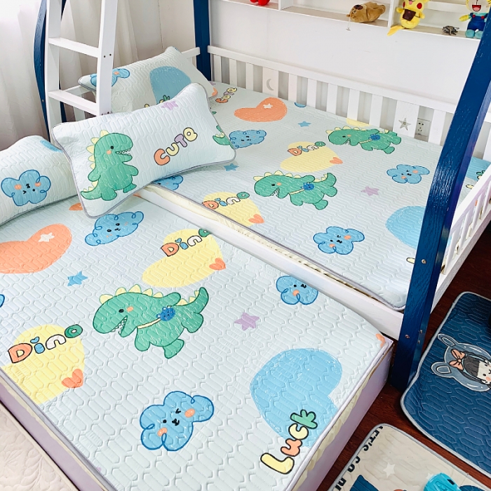 91家纺网 家纺一手货源 找家纺 小虾米 2022新款可定制凉感丝0.4乳胶凉席床笠三件套 小恐龙兰